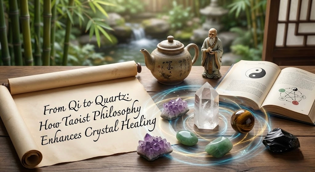 Qi energy flowing into quartz crystals representing metaphysical energy transformation and Taoist philosophy