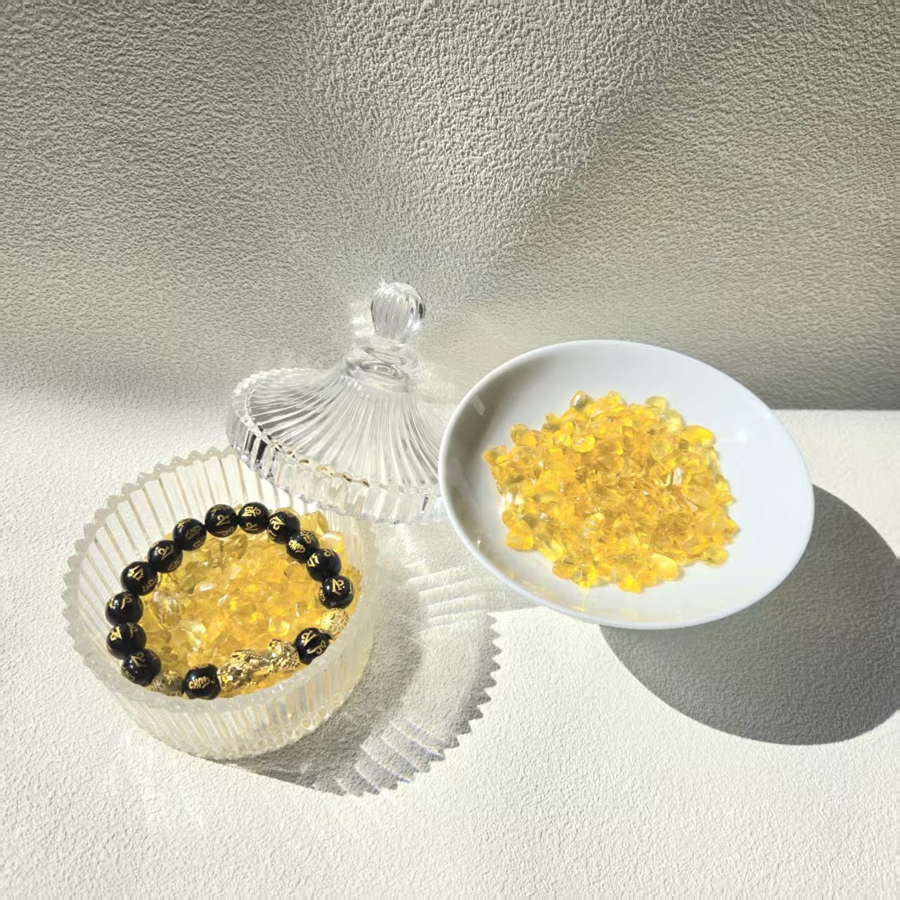 Natural citrine quartz chips care kit - cleansing and recharging tray for Five Elements energy bracelets