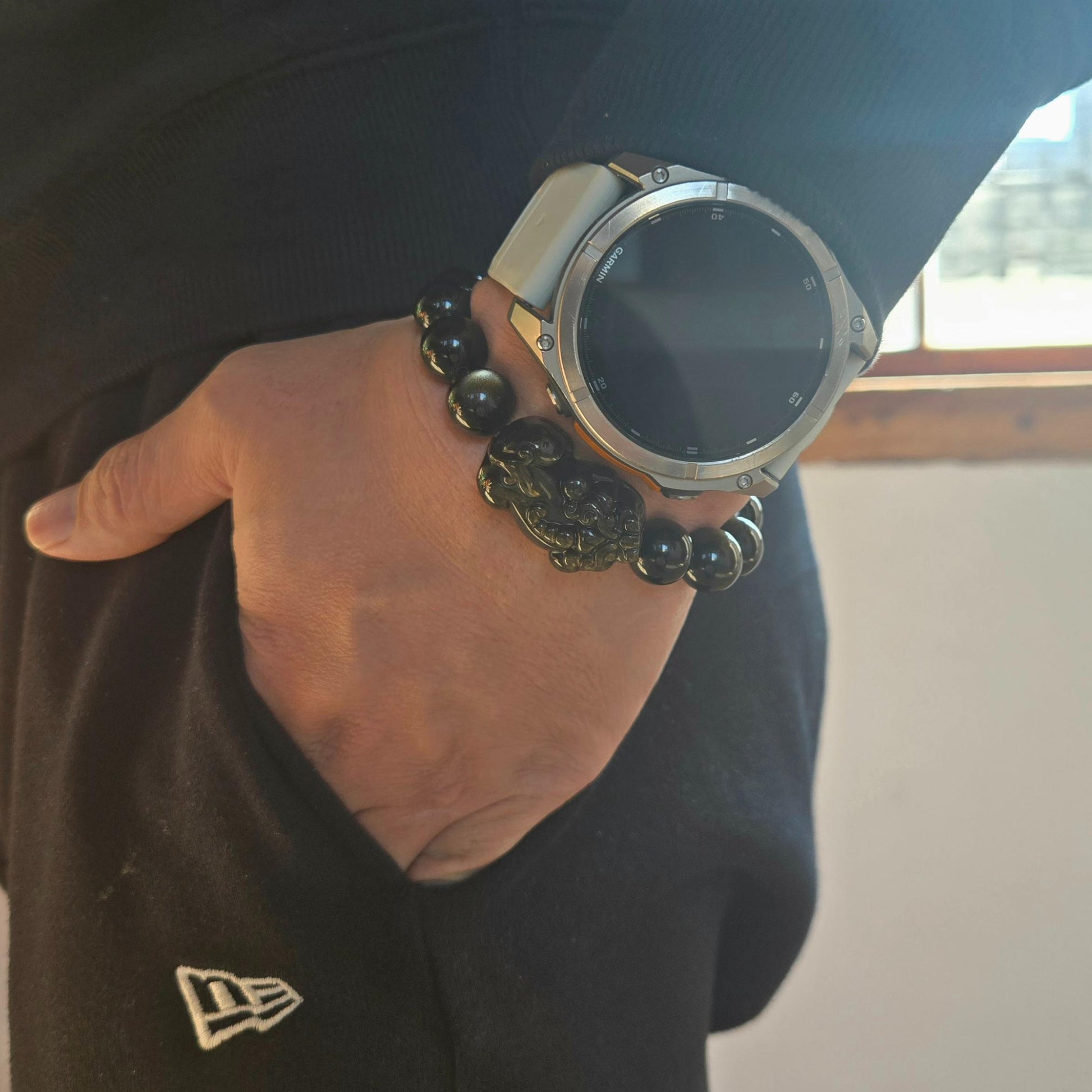 Golden Obsidian Pixiu Bracelet Worn in Daily Outfit - Feng Shui Metal Element Jewelry for Everyday Wear - 8fortune