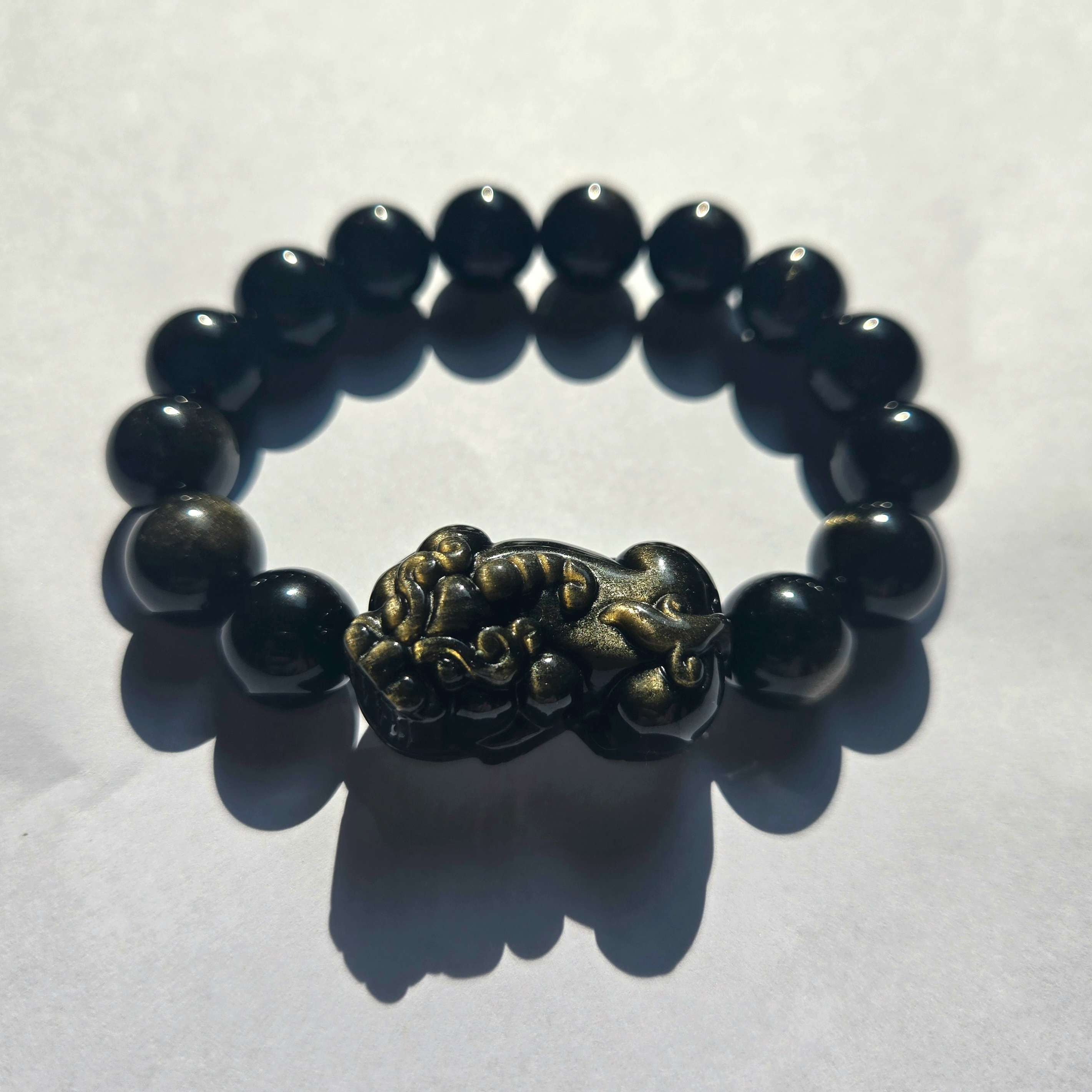 Golden Obsidian Pixiu Bracelet - Natural Grade A Golden Obsidian Beads with Traditional Pixiu Charm