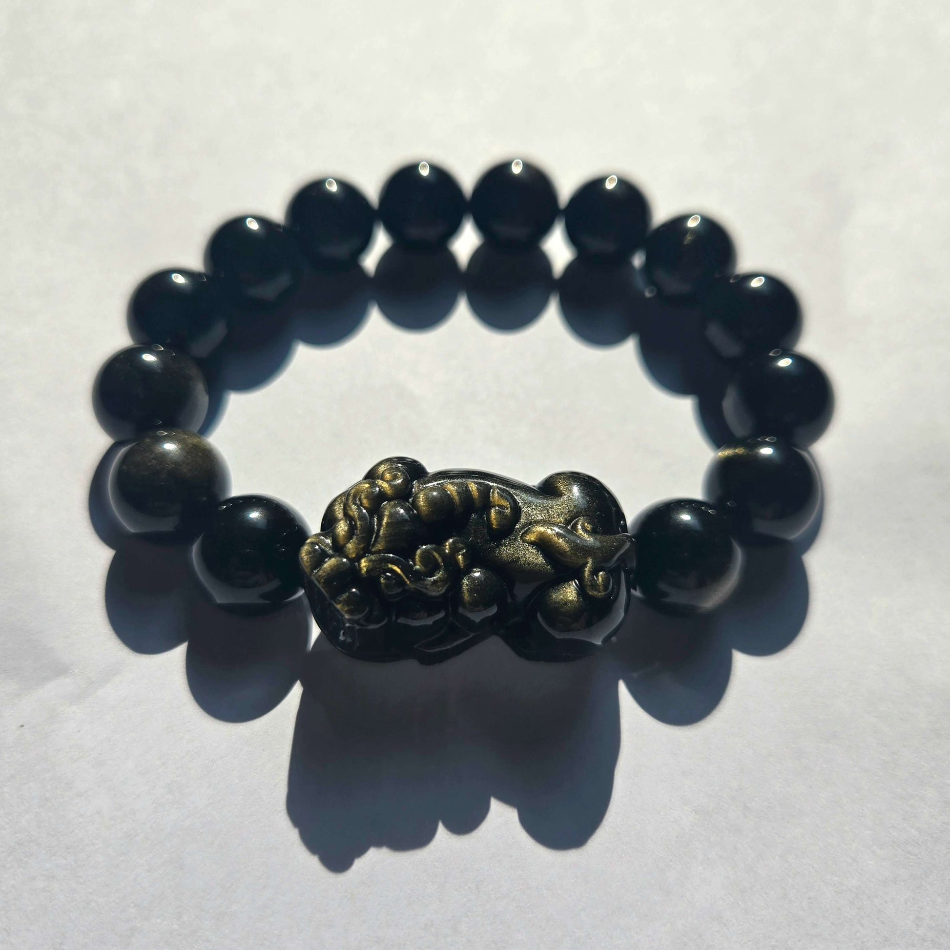 Golden Obsidian Pixiu Bracelet - Natural Grade A Golden Obsidian Beads with Traditional Pixiu Charm