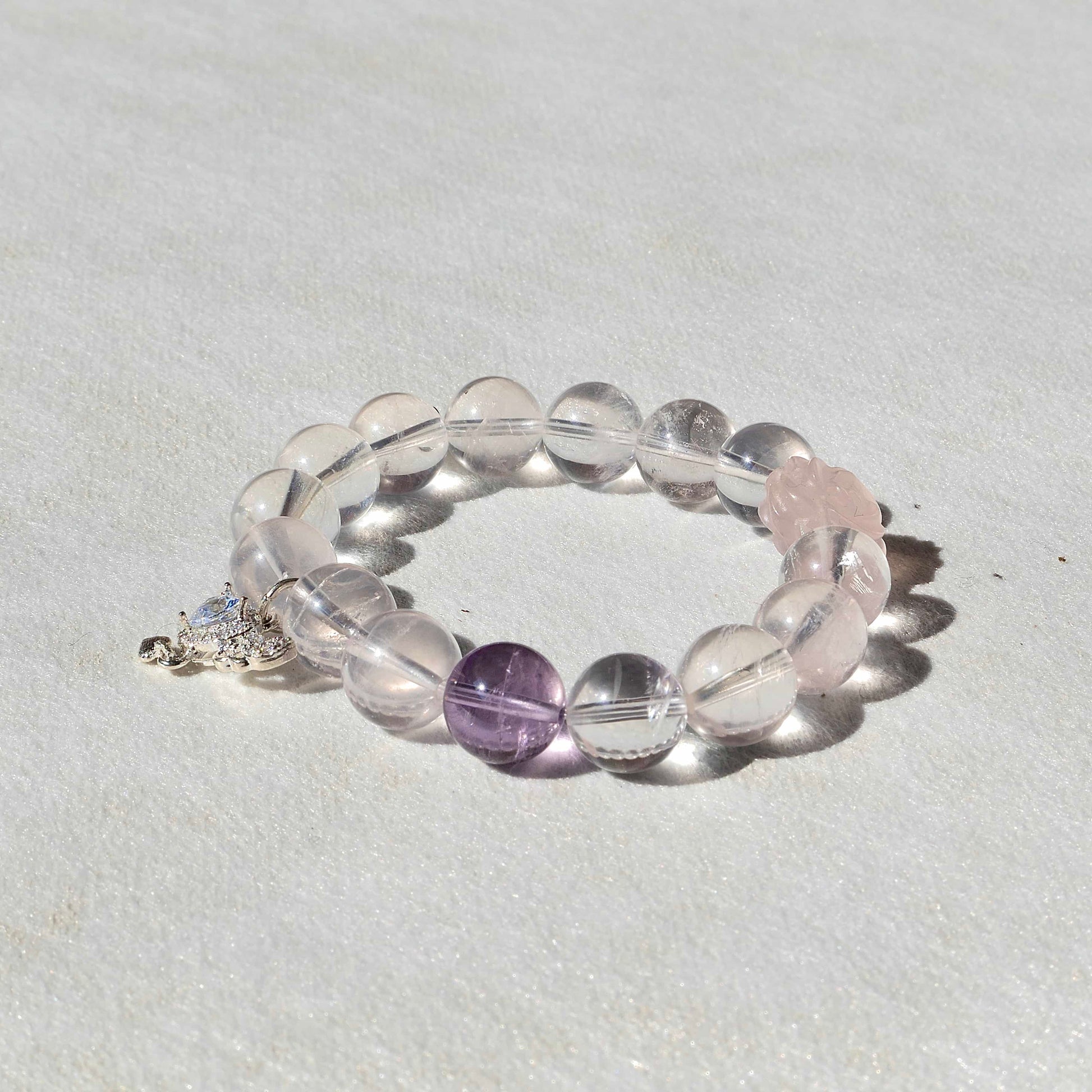 Natural Star Rose Quartz Pink Crystal Bracelet with Amethyst and Pink Crystal Rose（10mm） | Designer Limited Edition Collection